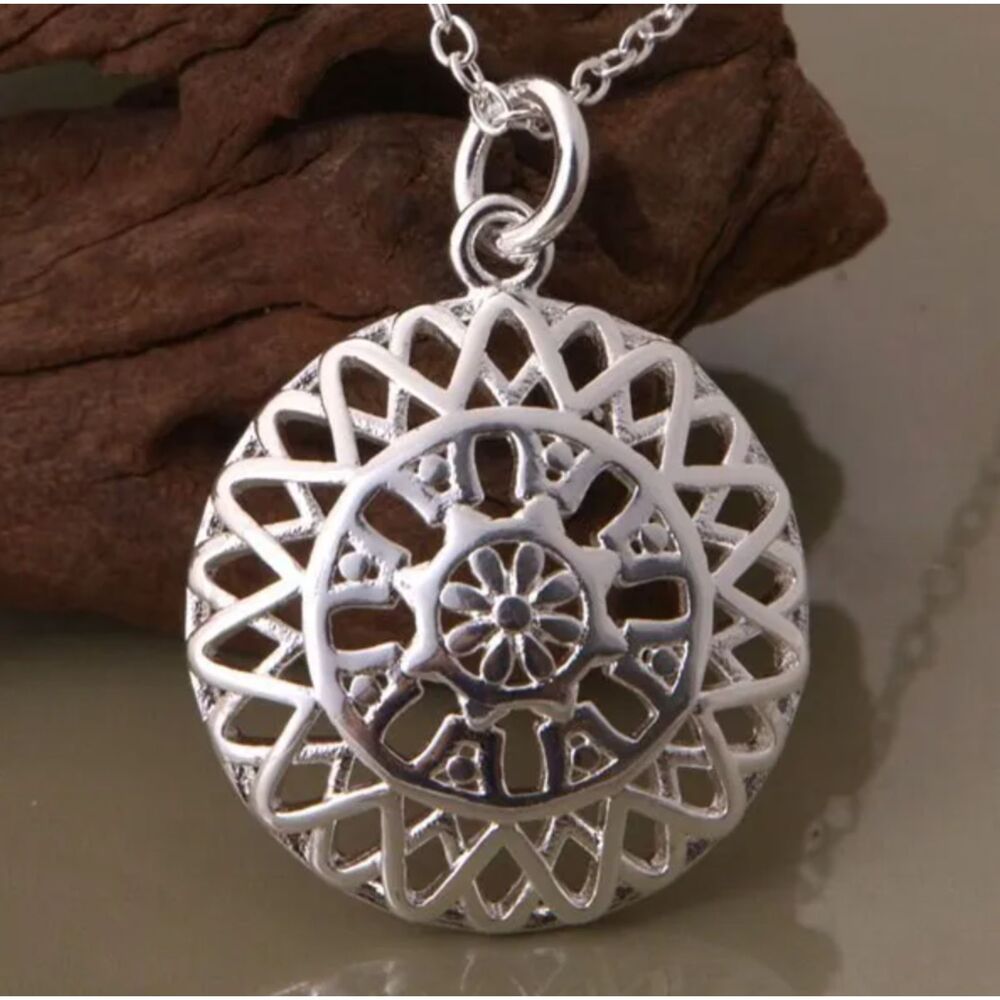.925 Sterling Silver Shield Round Pendant 16" Fine Chain Necklace